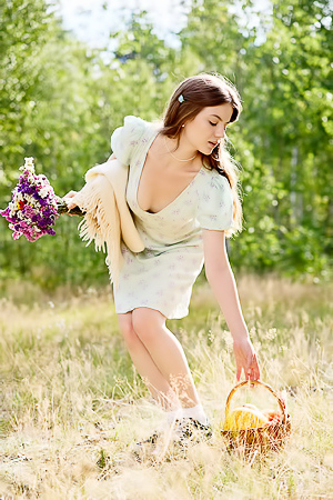 Toree Enchants With A Flirty Picnic Striptease In A Flowery Dress And Socks